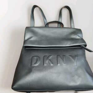 DKNY Black TILLY Foldover Faux Leather Backpack Purse DKNY Logo Adj. Straps